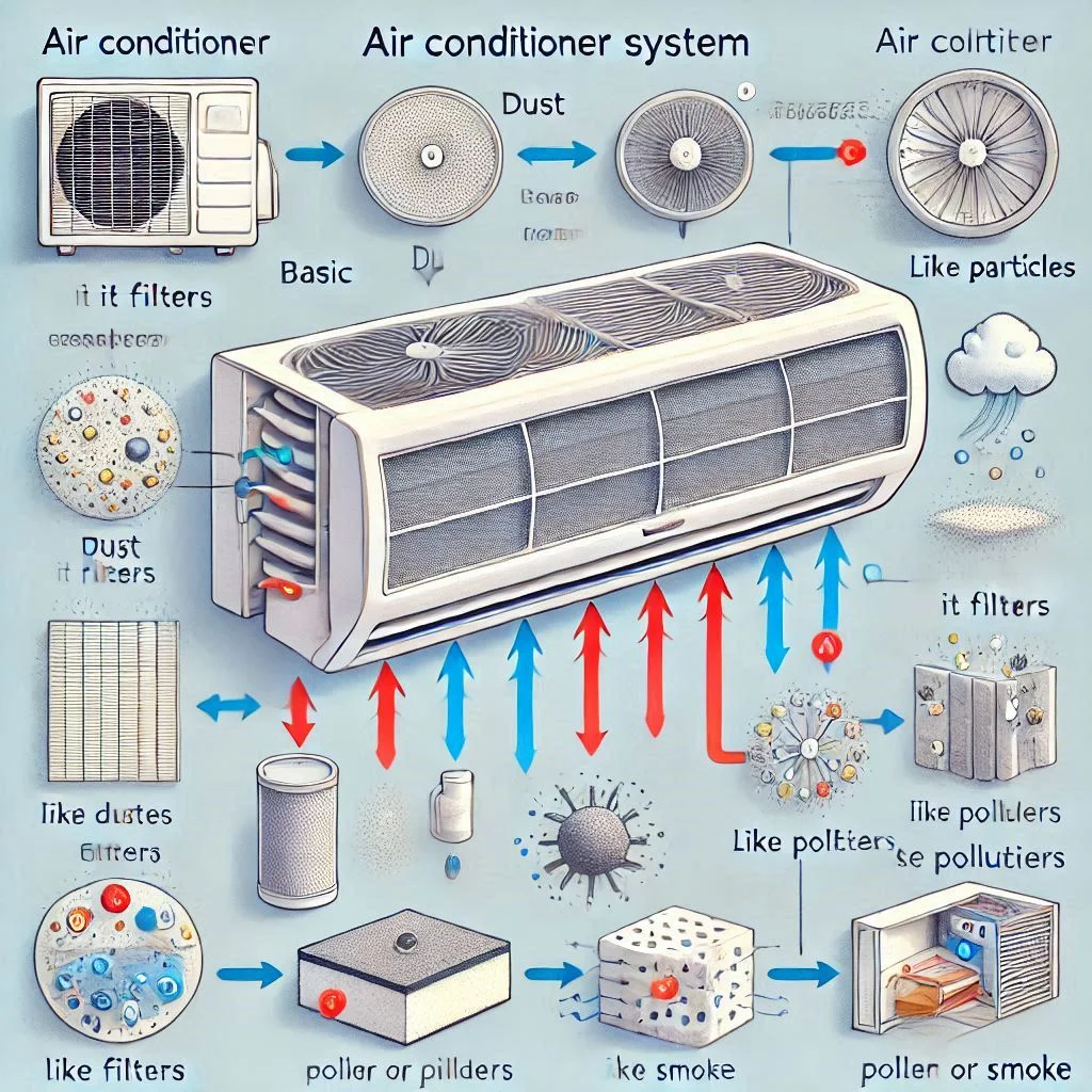 "Diagram of an air conditioner showing the basic filtration system, with an emphasis on the types of particles it filters (like dust) but not pollutants like pollen or smoke."