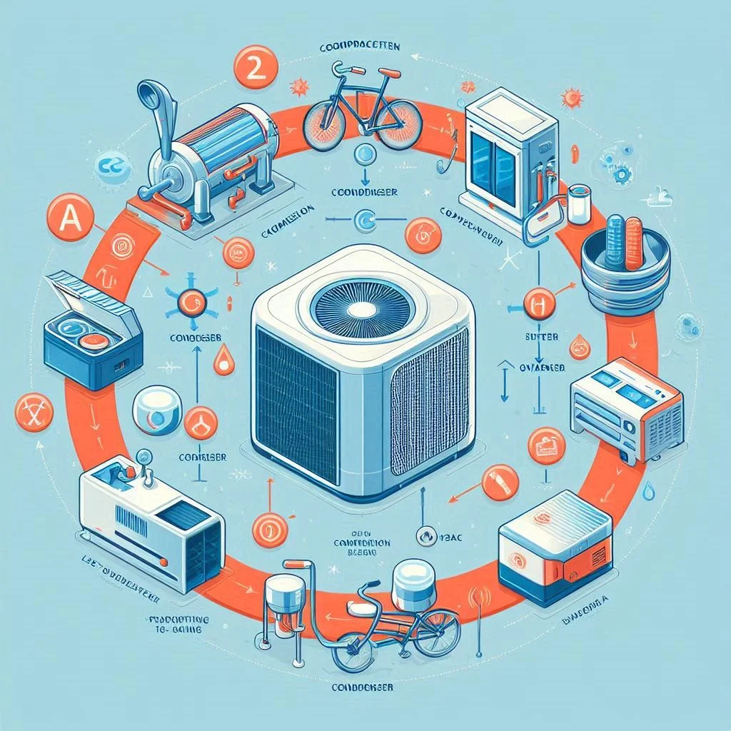 A labeled diagram illustrating the working cycle of an air conditioner, showing components like the compressor, condenser, and evaporator.