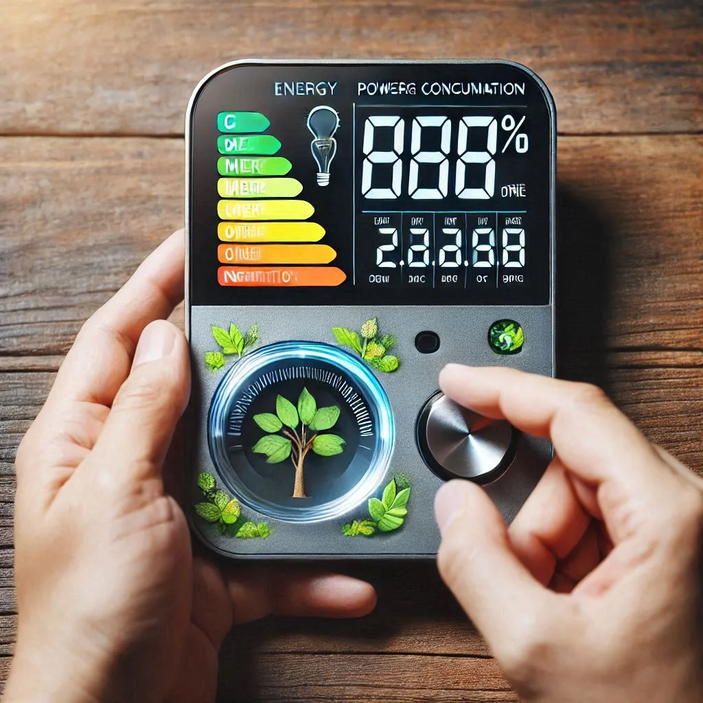 An energy meter display showing minimal power consumption with energy-efficient air purifiers and air conditioners in operation.