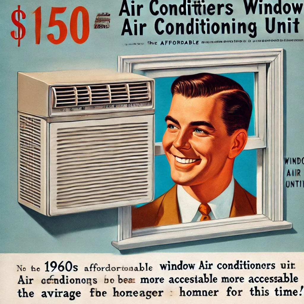 A 1960s advertisement showcasing an affordable window air conditioning unit, emphasizing how air conditioners became more accessible to the average homeowner during this time.