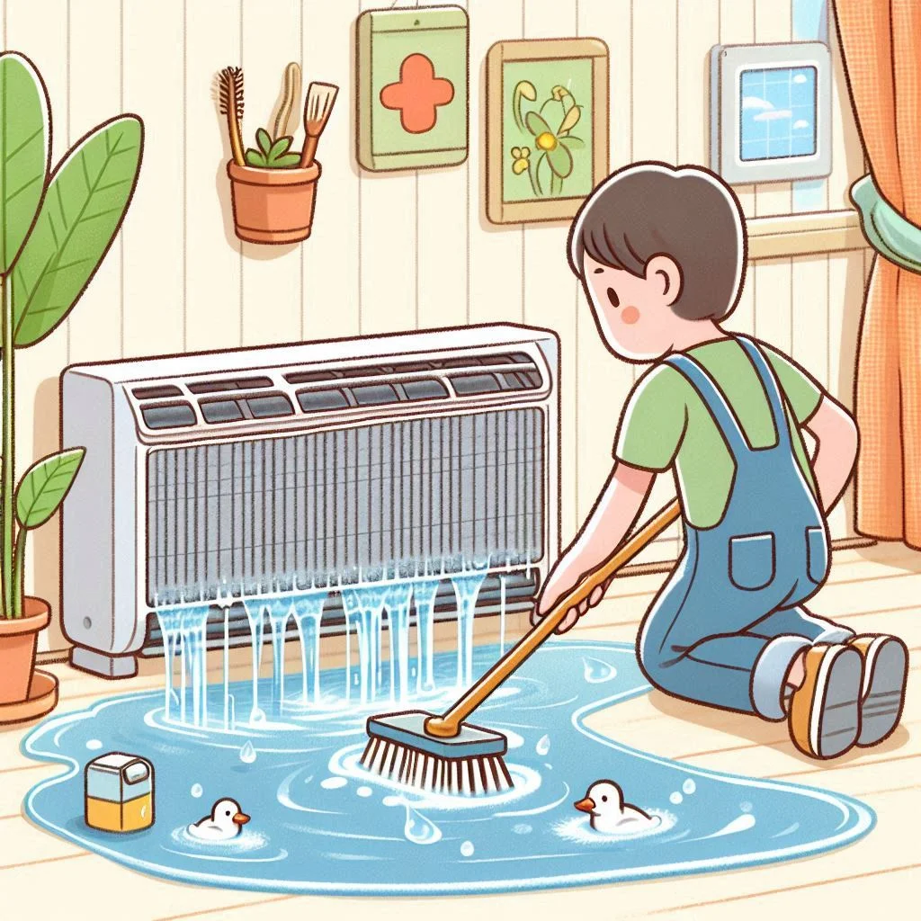 "Illustration of a person cleaning a washable air conditioner filter with a soft brush under running water."