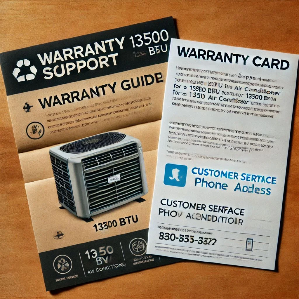 A detailed shot of a warranty card and support guide for a 13500 BTU RV air conditioner, with a customer service phone number and email address visible.