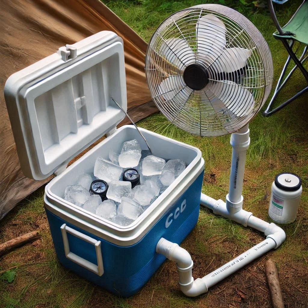 "A cooler with ice and a fan connected via PVC pipe, creating a simple DIY ice-powered air conditioner for camping."