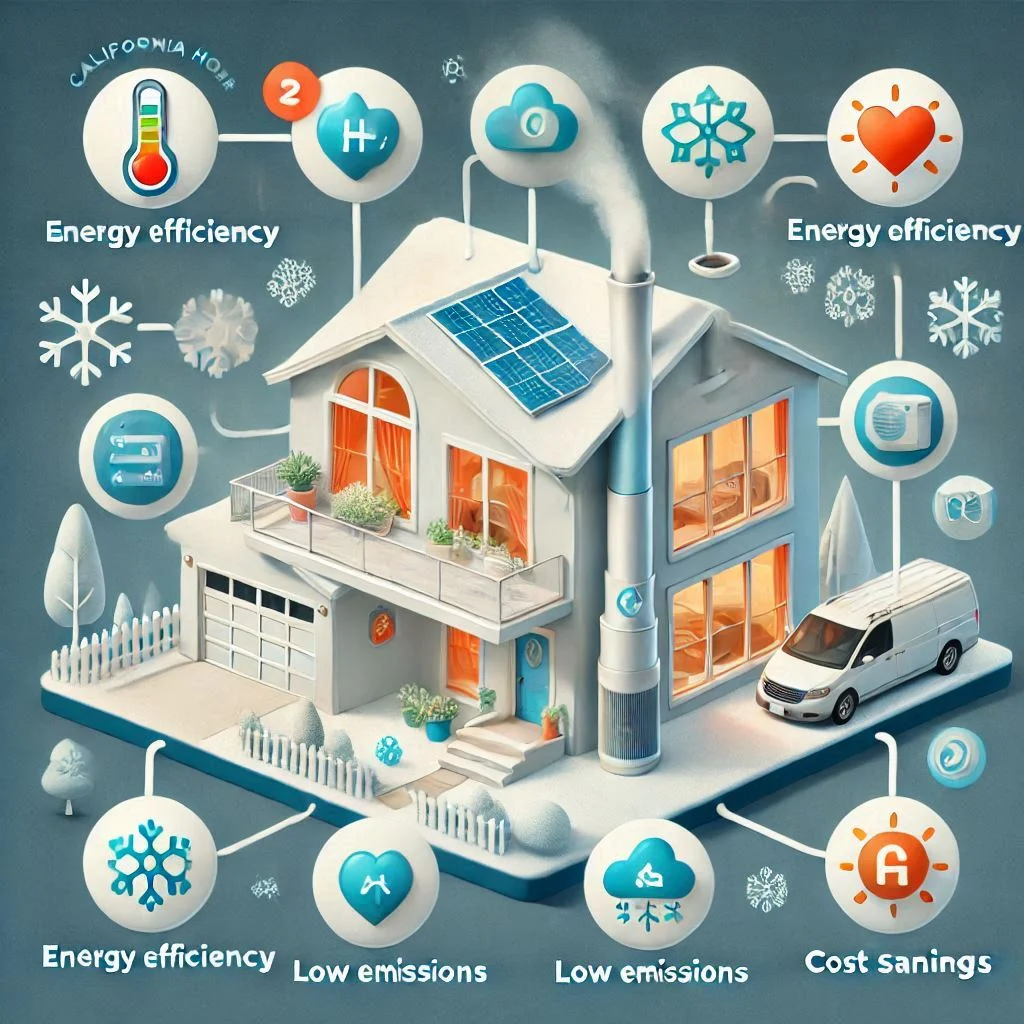 Visual showing a California home with a heat pump system, highlighting how it works year-round in both heating and cooling modes. Add icons to indicate energy efficiency, low emissions, and cost savings.