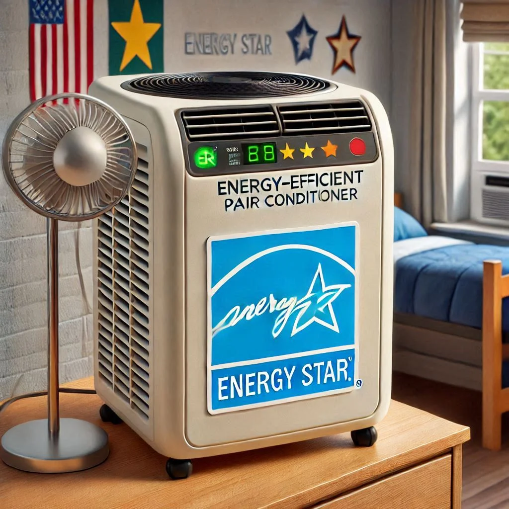 "Energy-efficient portable air conditioner in a dorm room with an Energy Star label, demonstrating lower electricity use."