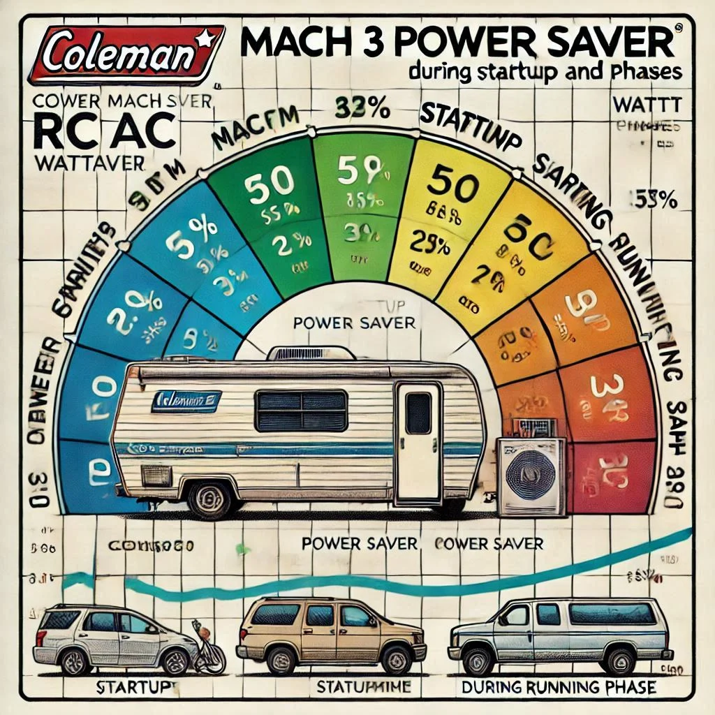 "A chart showing the Coleman-Mach 3 Power Saver RV AC wattage consumption during startup and running phases"