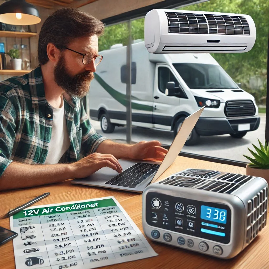 "An RV owner comparing 12V air conditioner options online using a laptop, with a spreadsheet of features and prices in the background."