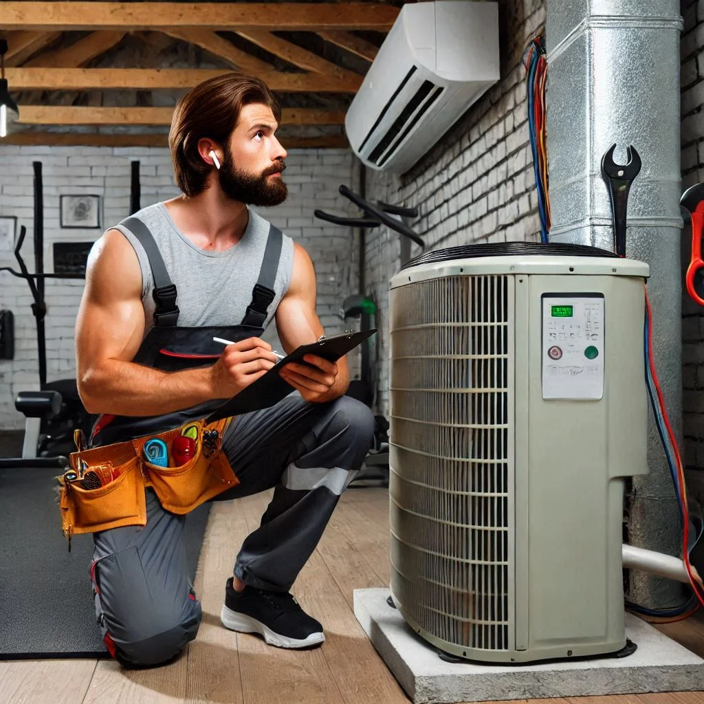 A professional HVAC technician performing a comprehensive inspection or servicing the AC unit in a garage gym.