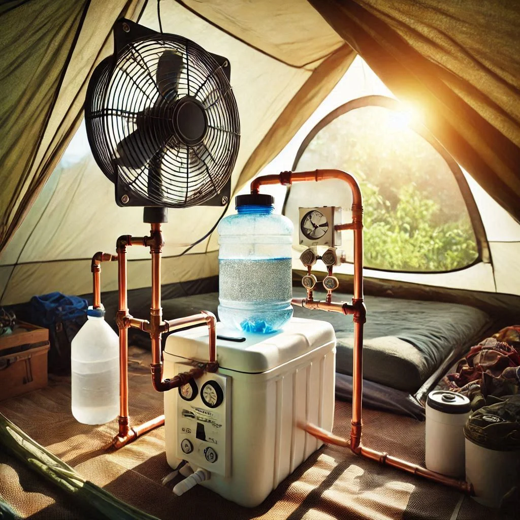 "A DIY camping air conditioner system placed in a tent, with a fan, copper tubing, and water container, creating a cool and comfortable camping environment."