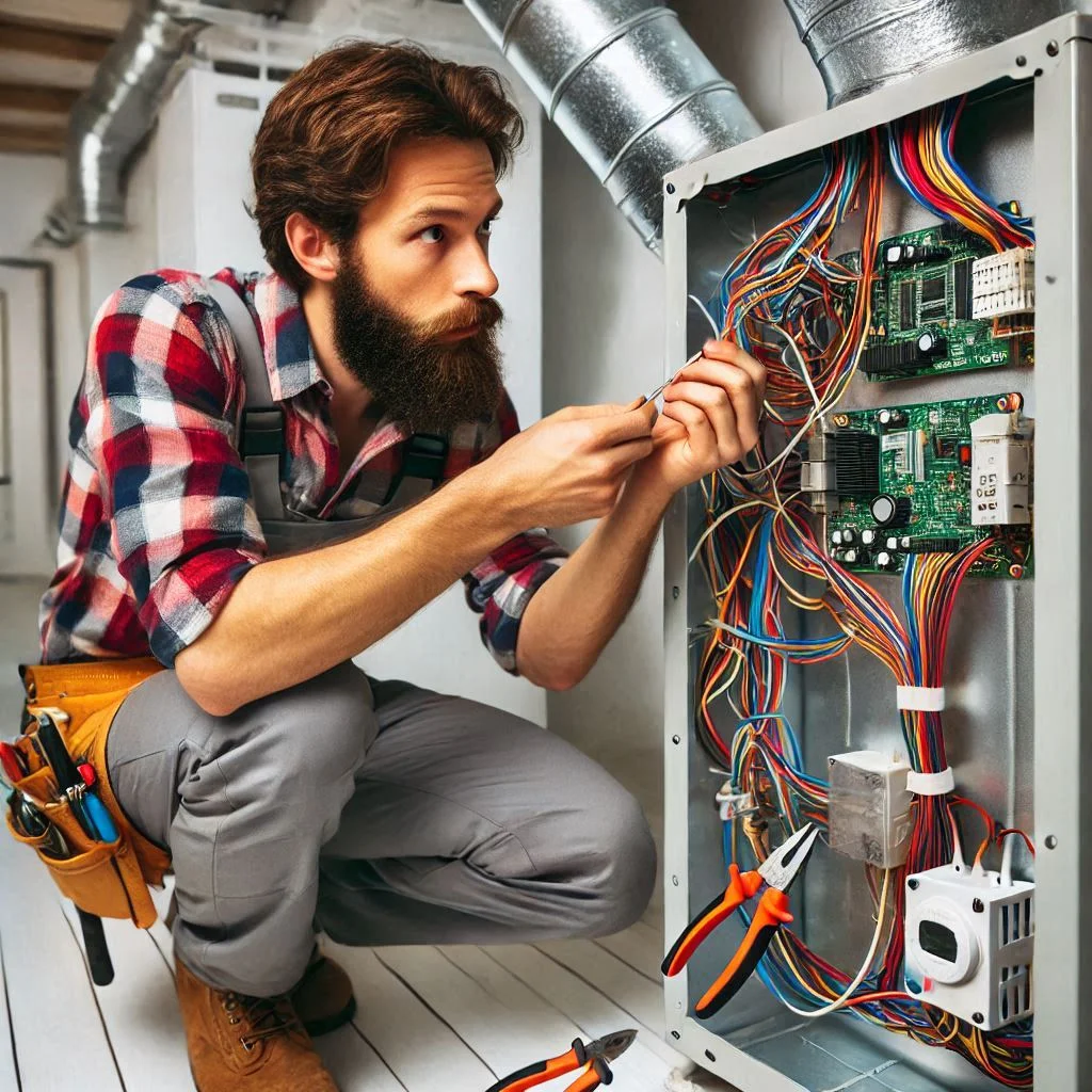 An HVAC technician connecting wiring and configuring a heat pump system for both heating and cooling functionality, with a focus on electrical and ductwork connections.