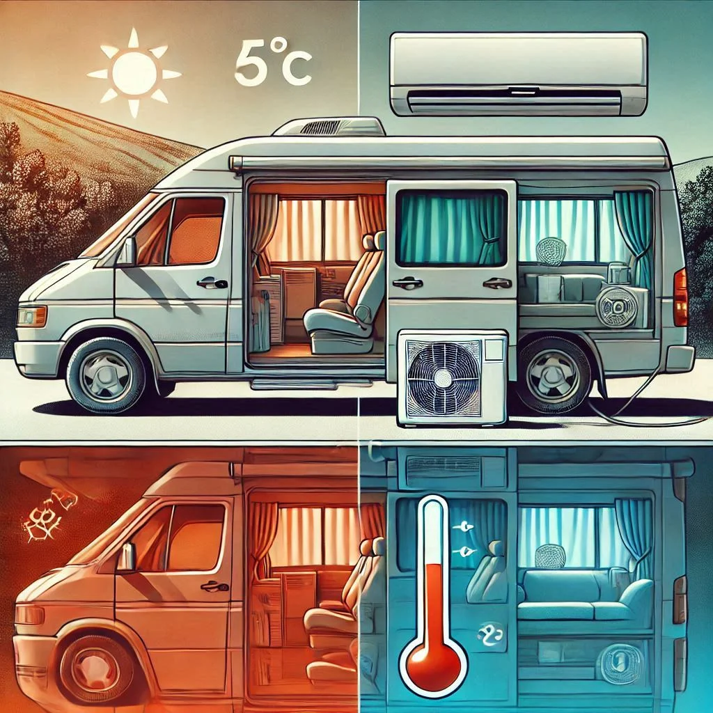 A camper van with reflective window covers and a portable air conditioner running, showing an even temperature distribution.