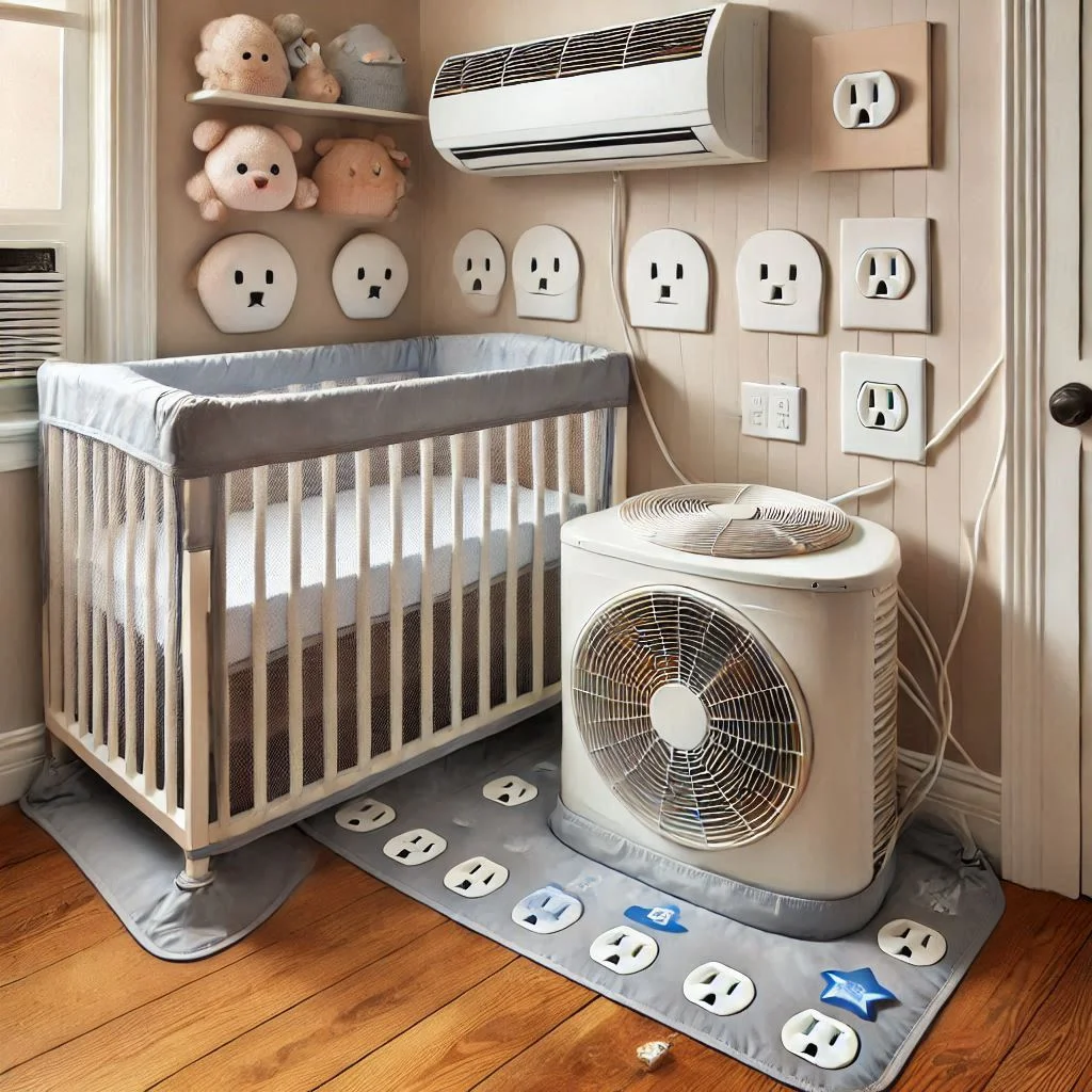 A safe and childproofed nursery with an air conditioning unit protected by a vent cover, cords neatly managed, and outlet covers in place.