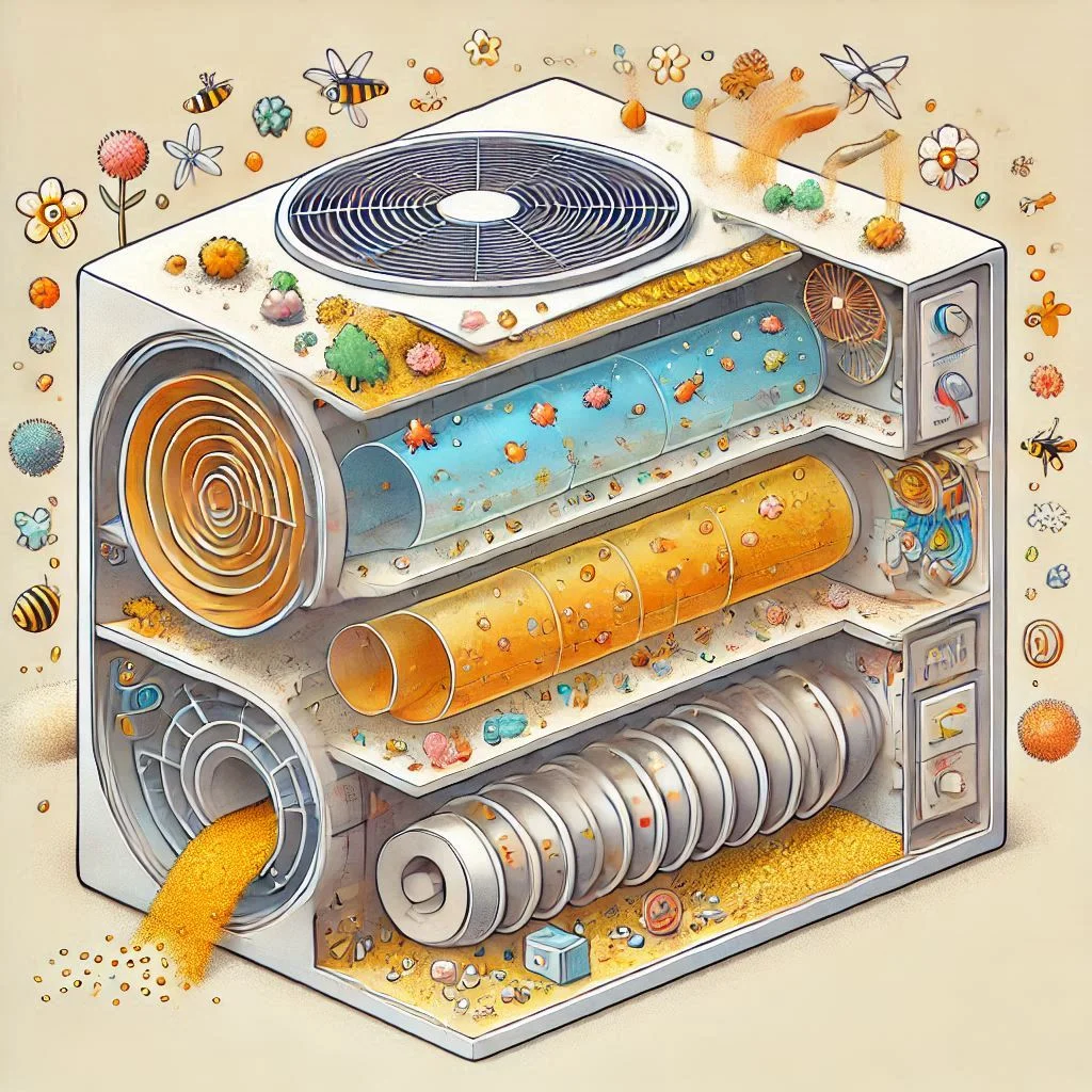 "A cross-sectional diagram of an air conditioning system showing dust, pollen, and allergens circulating through the air vents."