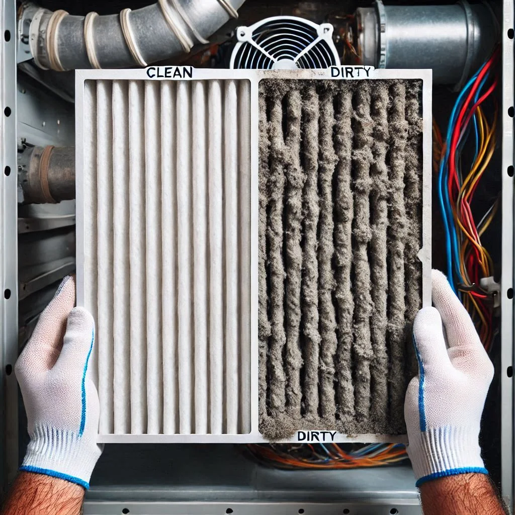 "A close-up of a clean vs. dirty air filter being replaced in an HVAC unit, showing the impact of regular maintenance on indoor air quality."