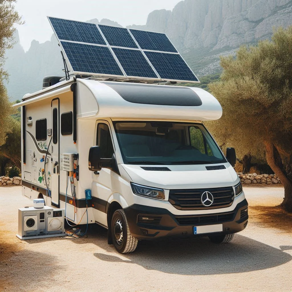 A camper van parked in a sunny outdoor location with solar panels mounted on the roof, showing a setup that powers the air conditioner.