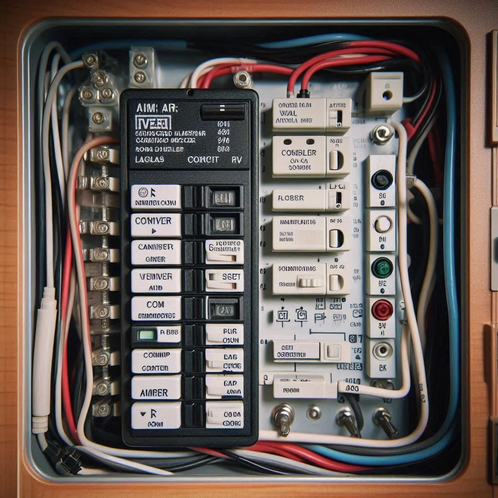 A close-up of an RV circuit breaker box with labels for various systems, including the air conditioner.