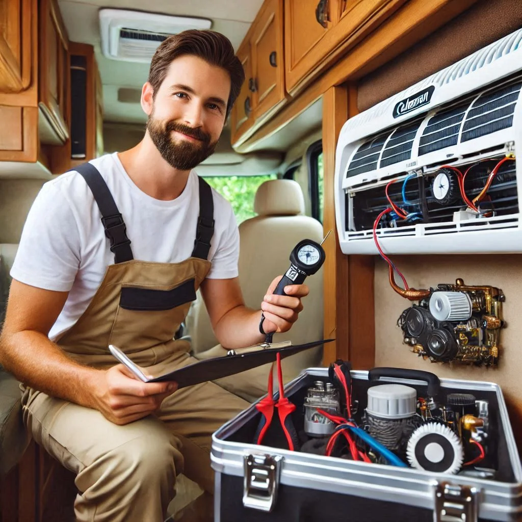 "A professional technician performing a full inspection of a Coleman Mach RV air conditioner, checking refrigerant levels and electrical components."