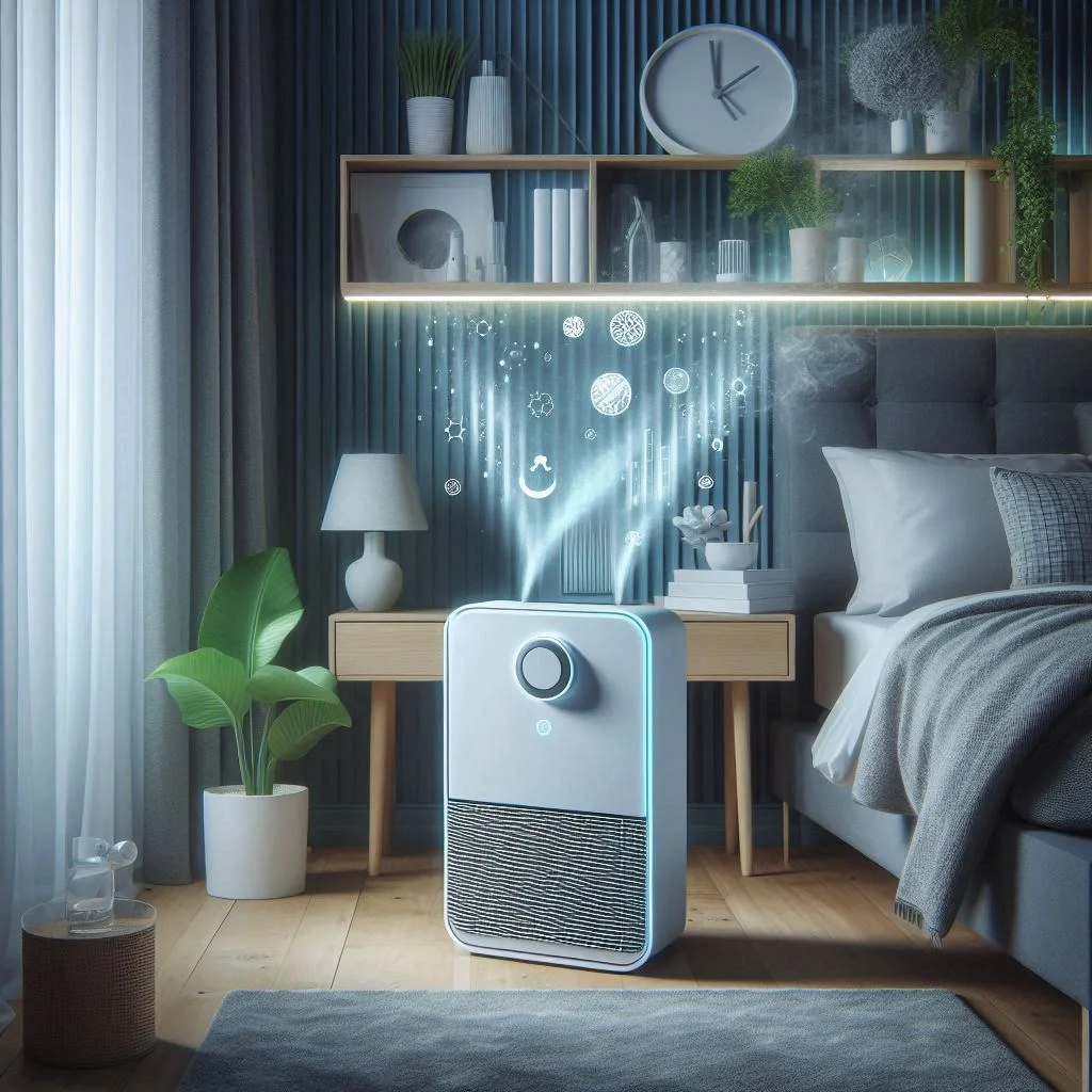 A modern air purifier in a bedroom setting, with visual highlights of clean air flow and pollutant trapping in action.