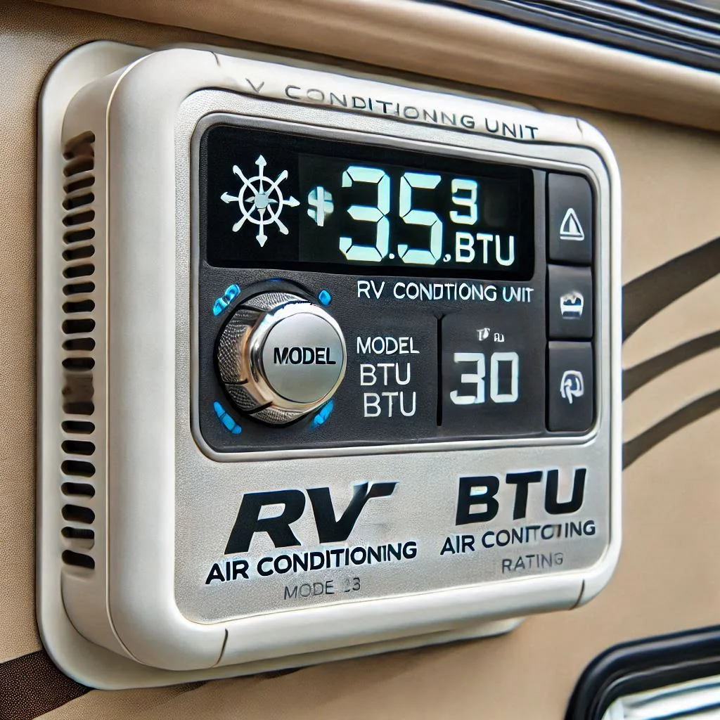 An image showing a close-up of an RV air conditioning unit’s nameplate, highlighting the model number and BTU rating.