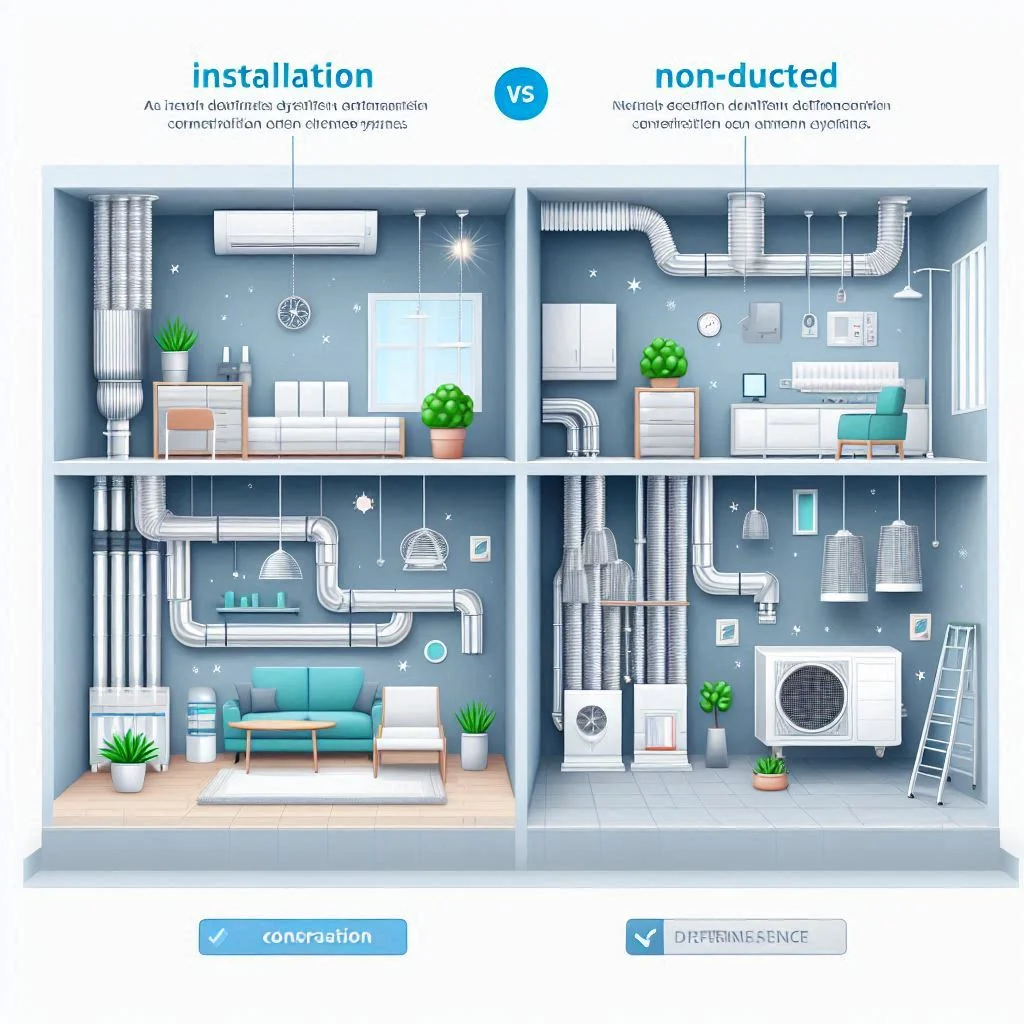 A comparison diagram showing the installation process for ducted and non-ducted systems, highlighting key differences and advantages.