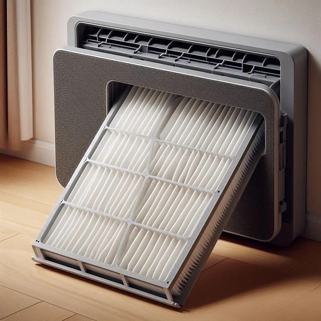 A close-up of an air conditioner with a removable HEPA filter, showing its ability to trap dust and allergens.