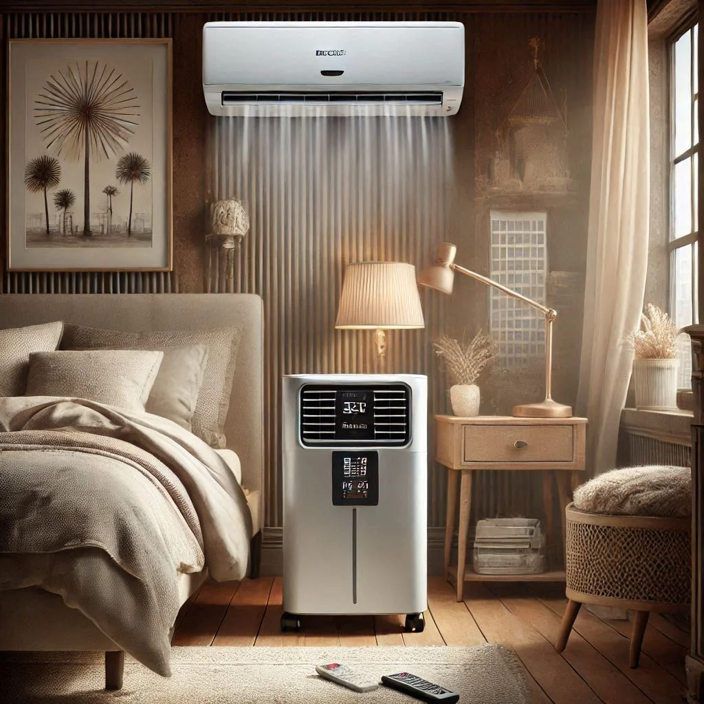 "BLACK+DECKER BPACT08WT Portable Air Conditioner in a cozy bedroom, with the remote control on the nightstand."