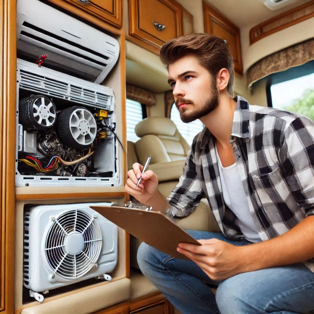 "A certified technician performing professional maintenance on an RV air conditioner during an annual inspection."