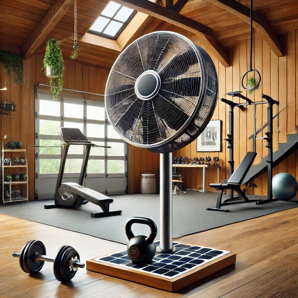 An energy-efficient solar-powered fan in a garage gym, demonstrating sustainable cooling.