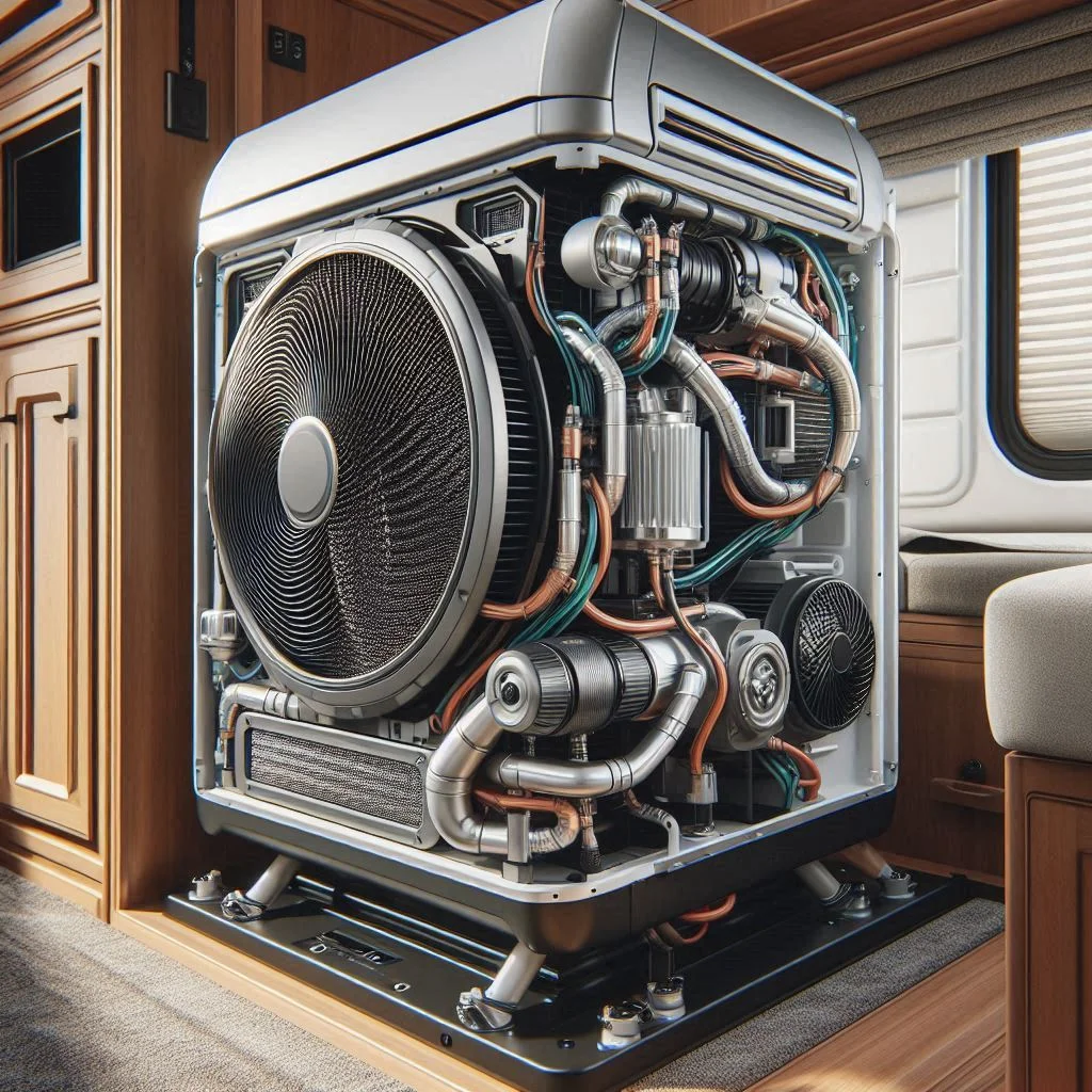 "Close-up of an RV air conditioning unit, showing the evaporator coil and blower fan working together."