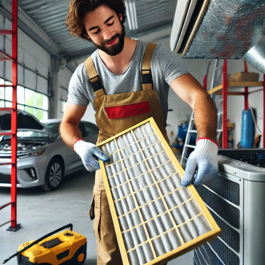 A close-up of a technician cleaning or replacing the filter in an AC unit in a garage gym.