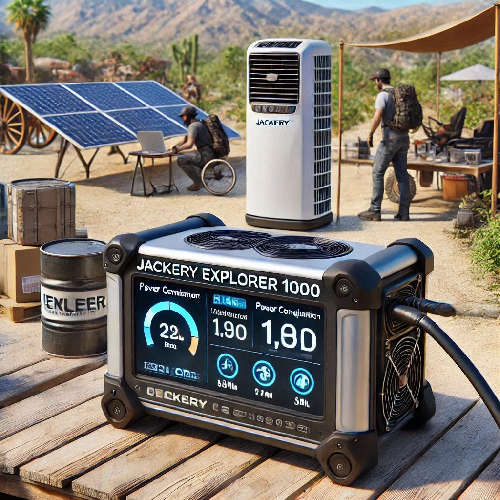 Generate an image showing a Jackery Explorer 1000 powering a portable air conditioner in an outdoor setting, with power consumption details highlighted.