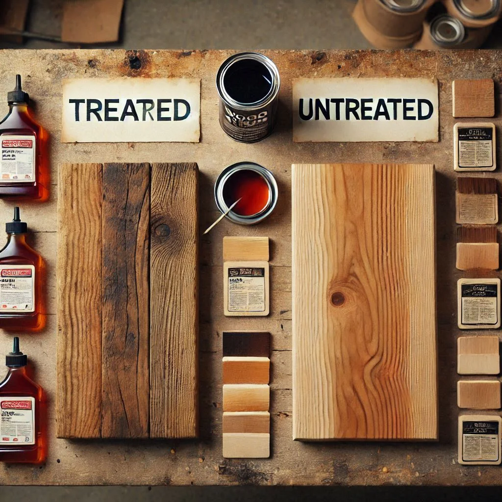 "Two types of wood laid out on a workbench, one treated and the other untreated, with labels for comparison, and a can of wood stain beside them."