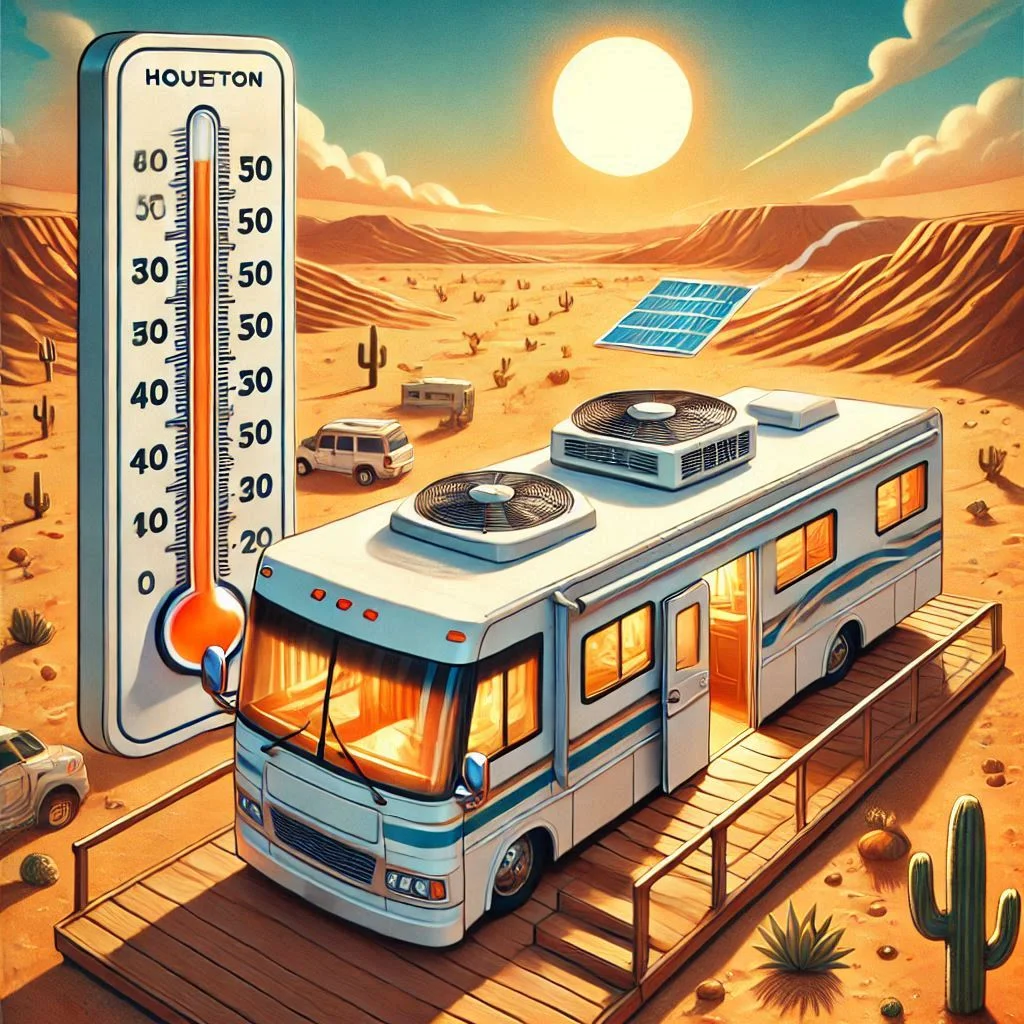 : "An image of a Houghton RV air conditioner installed on an RV roof in a hot, desert-like environment with the air conditioner cooling the interior. Include a thermometer showing high temperatures and a visual of an RV comfortably cooled inside."