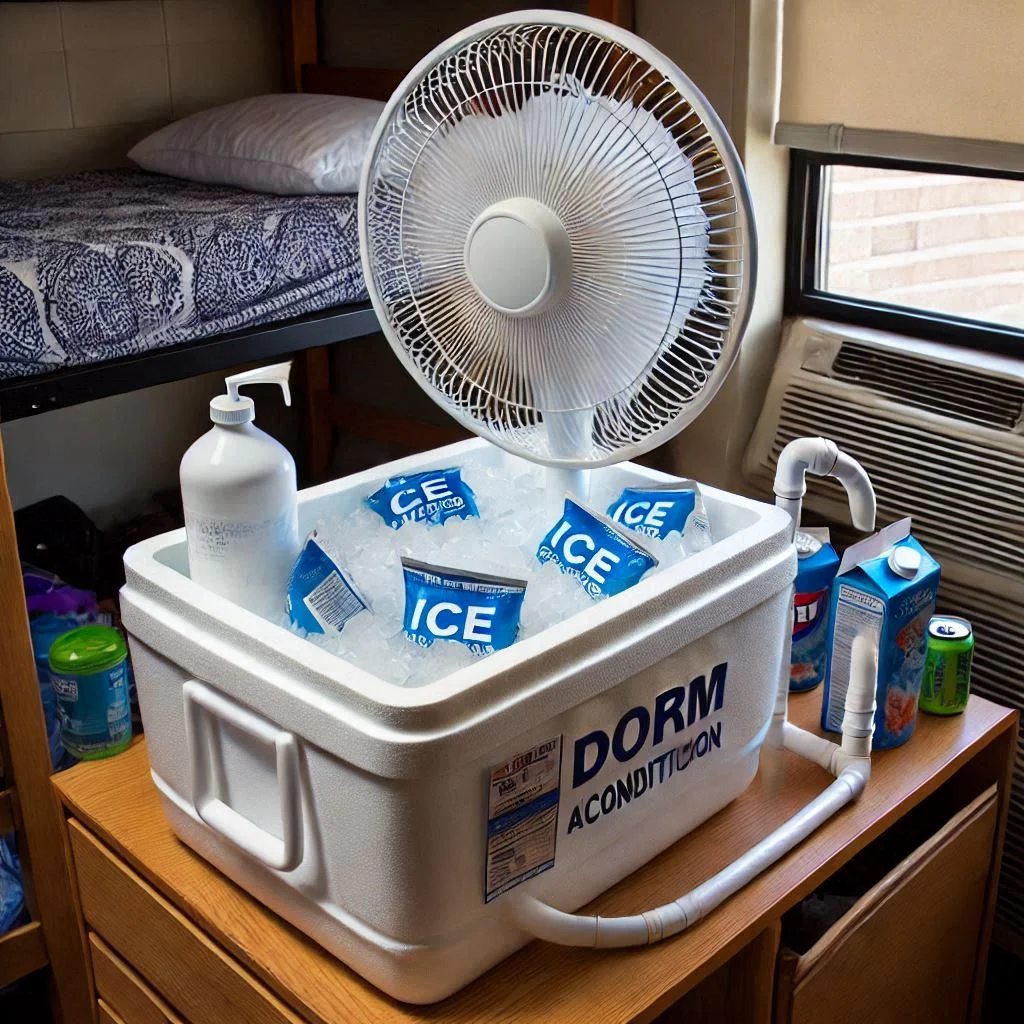 "Image of a DIY dorm room air conditioner made from a styrofoam cooler, fan, ice packs, and PVC pipes, with cool air circulating in the room."