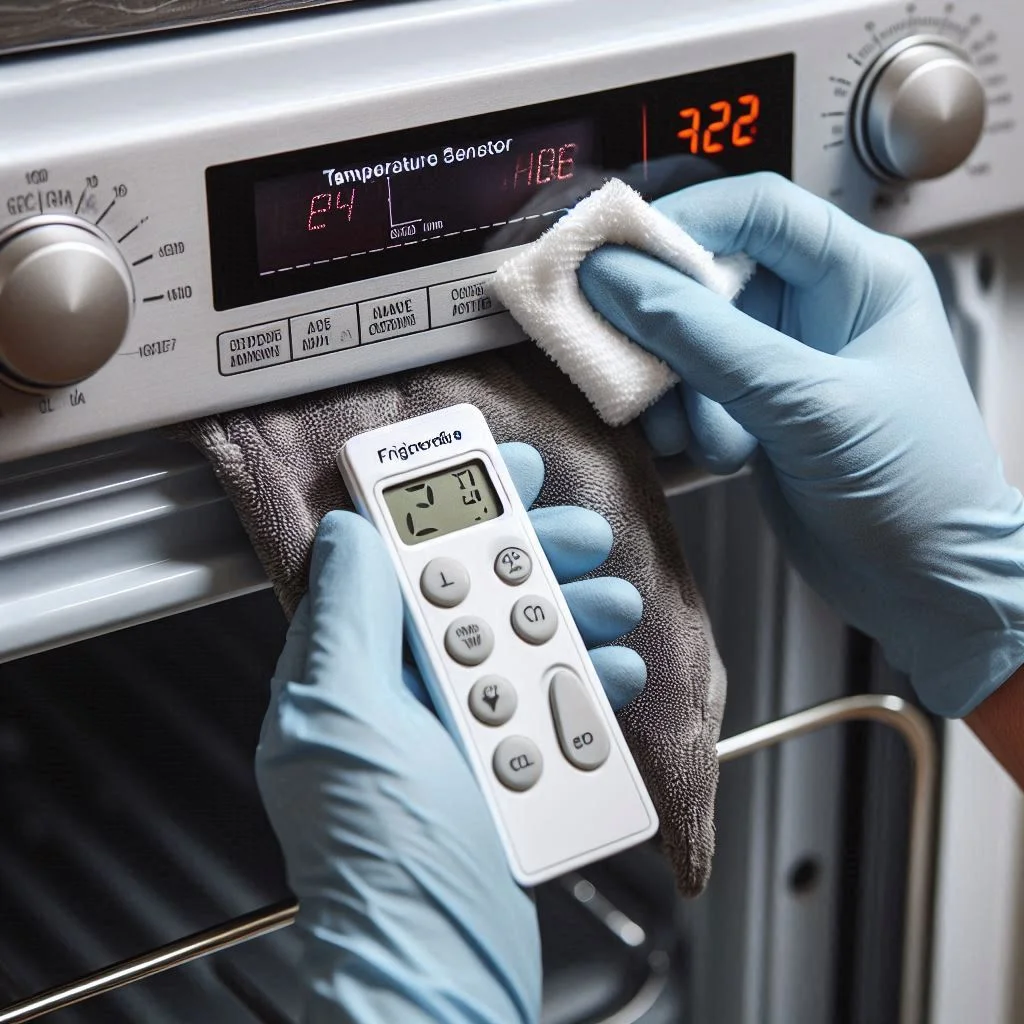 A person cleaning the temperature sensor area on a Frigidaire remote with a microfiber cloth to ensure proper functionality.