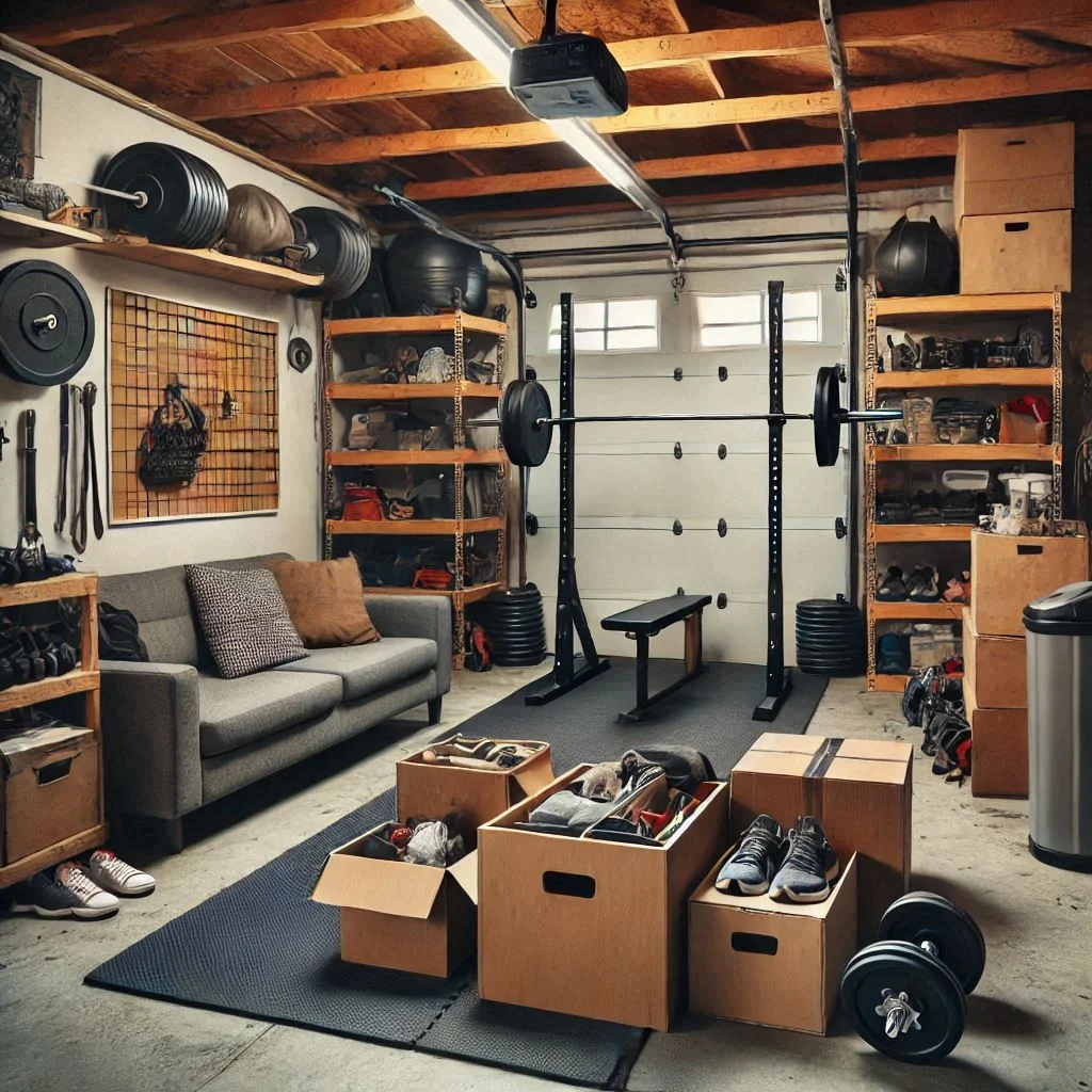 A well-organized garage gym with minimal clutter, showcasing how a clean space improves airflow.