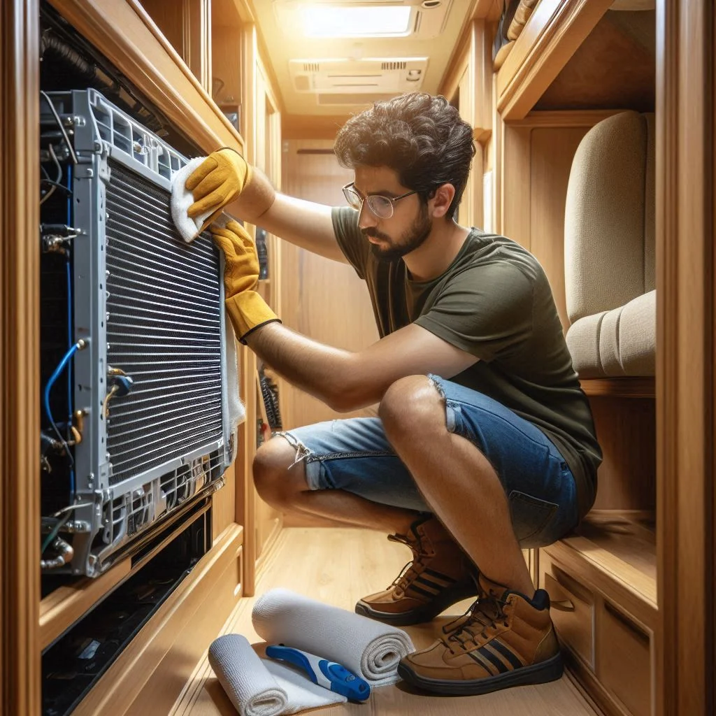 "Person cleaning the evaporator coil of an RV air conditioner, showing the proper method for maintaining and cleaning key components."