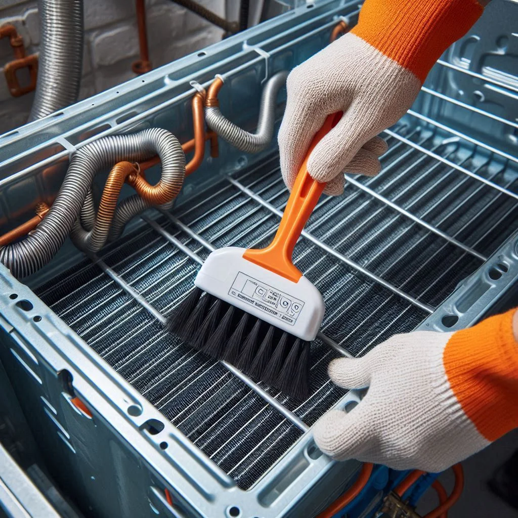 "Close-up image of a technician cleaning the evaporator coil inside an air conditioner unit with a soft brush."