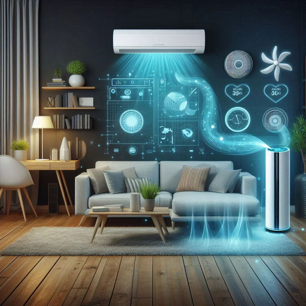 A modern living room showing both an air purifier and an air conditioner in operation, with graphics showing clean, cool air flow.