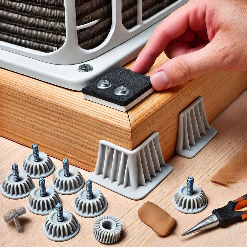 Rubber feet being applied to the corners of a wooden air conditioner cover.