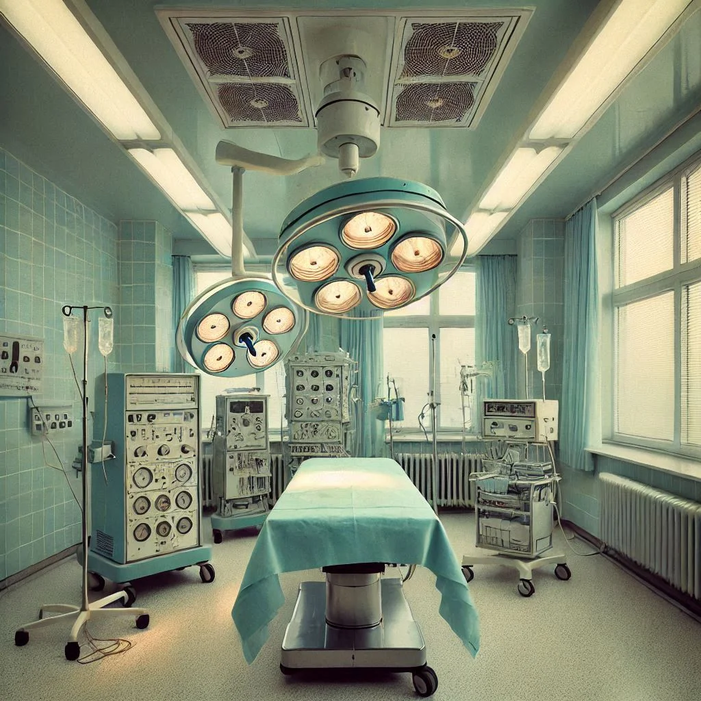 A 1960s hospital operating room with air conditioning units installed, showcasing the role of air conditioning in maintaining a sterile and comfortable environment for patients and medical staff.