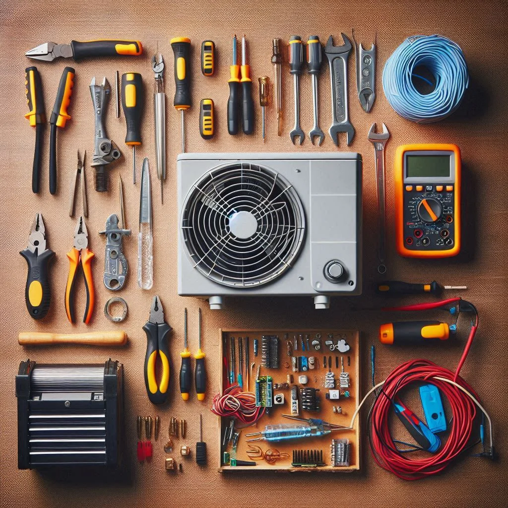 "A neatly organized workspace with tools like screwdrivers, wire strippers, a multimeter, and a boxed 12V air conditioner ready for installation, set against an RV background."