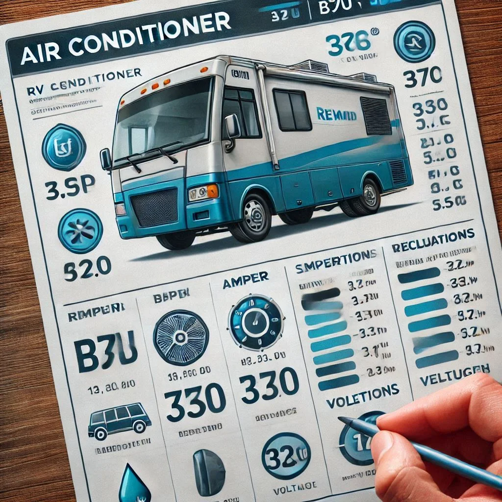 An image of an RV air conditioner spec sheet showing the BTU rating along with other specifications like amperage and voltage.