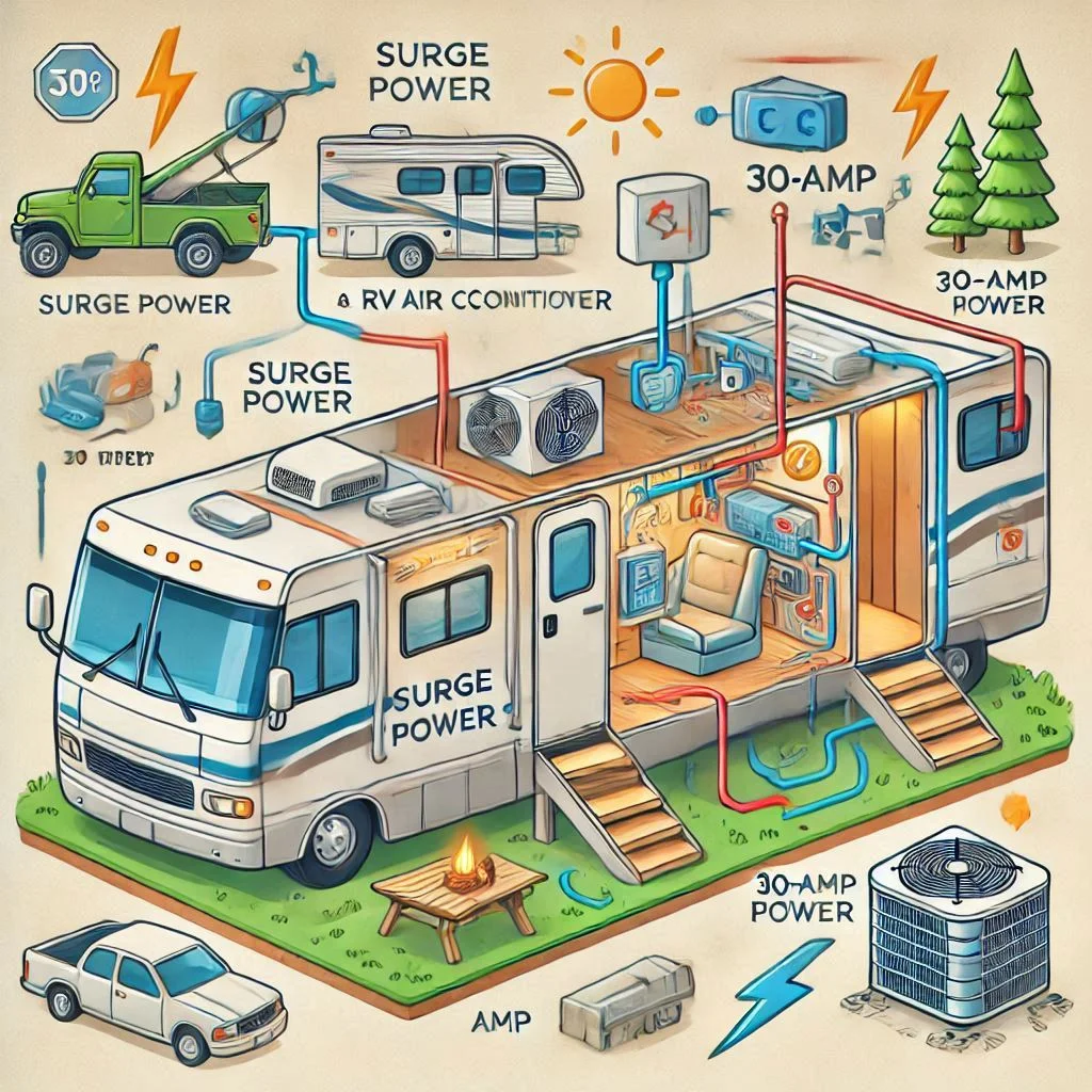 "A diagram showing how surge power affects an RV air conditioner and the role of a 30-amp power circuit."