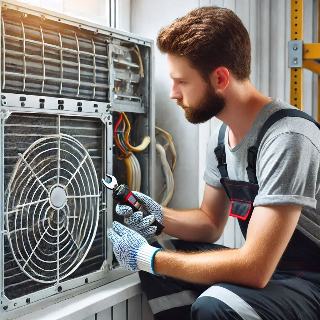 "An image of a technician checking the coils and airflow in a window air conditioner, inspecting the components after cleaning for potential issues causing hot air."