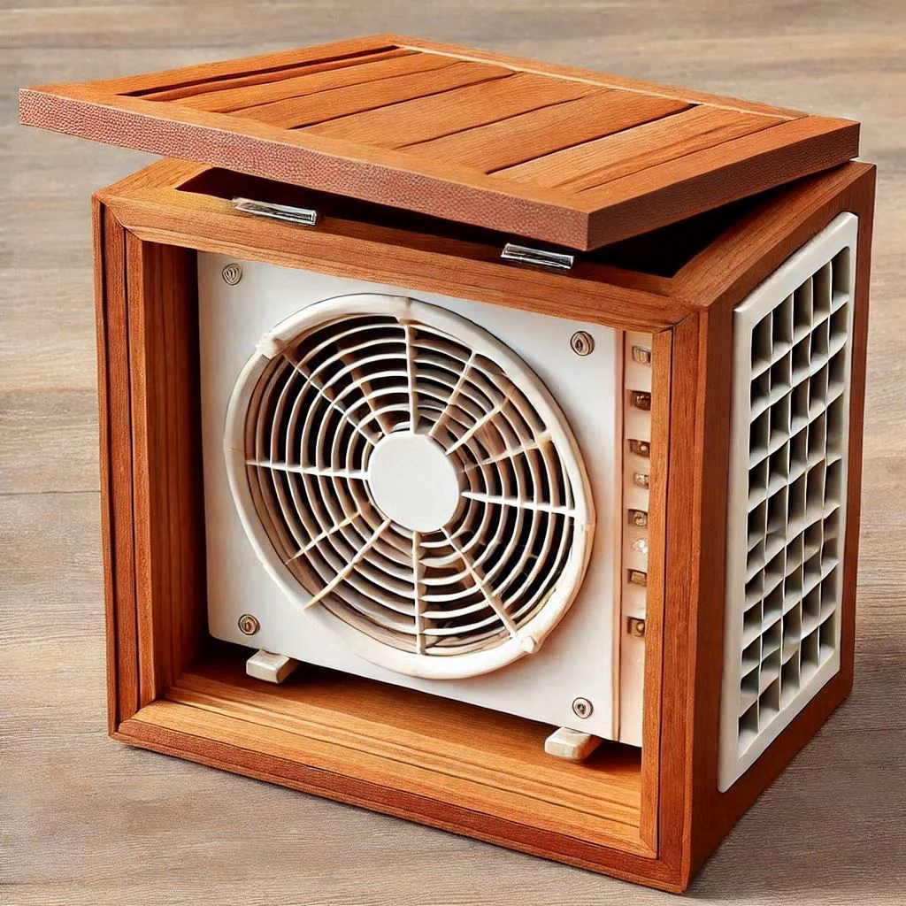 A hinged wooden AC cover with an easy-access front panel.