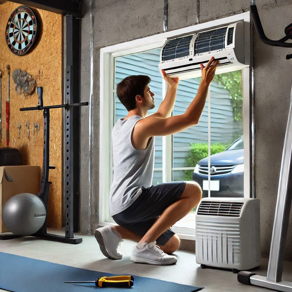 A person installing a window air conditioner in a garage gym or setting up a portable AC unit.