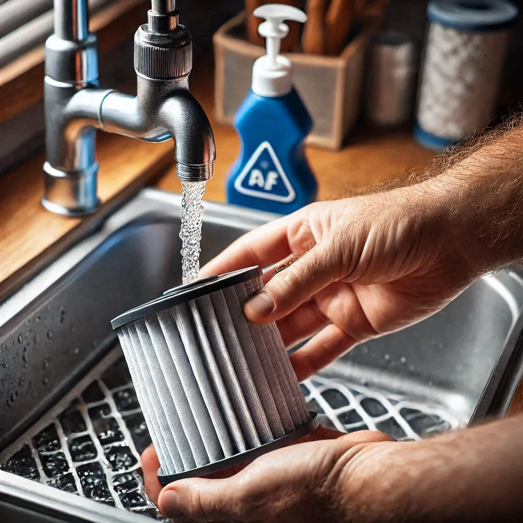 A close-up shot of a person rinsing an RV air conditioner filter under a faucet with gentle water flow, highlighting cleanliness.