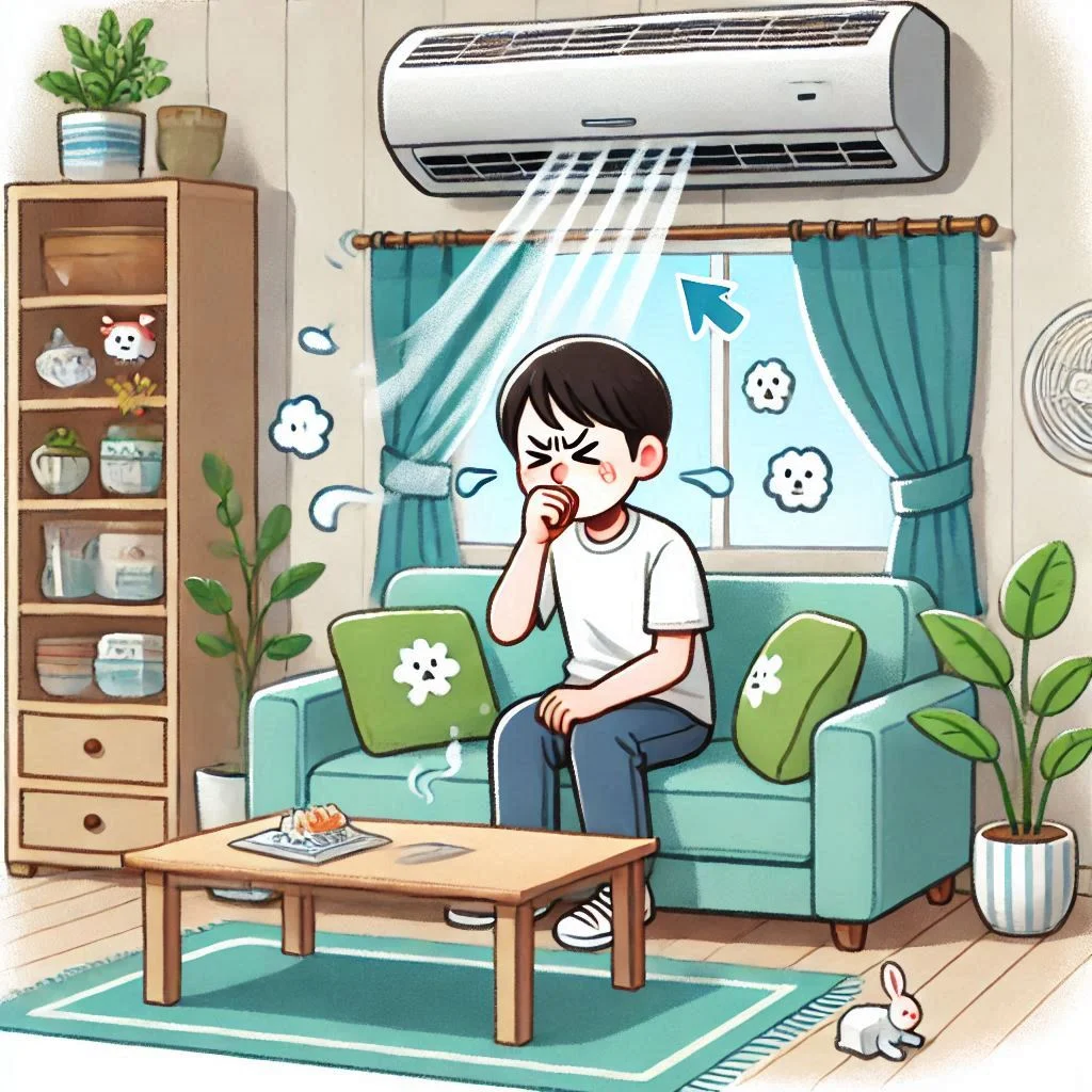 "Illustration of a person sitting indoors near an AC vent, experiencing symptoms like sneezing, coughing, and itchy eyes."