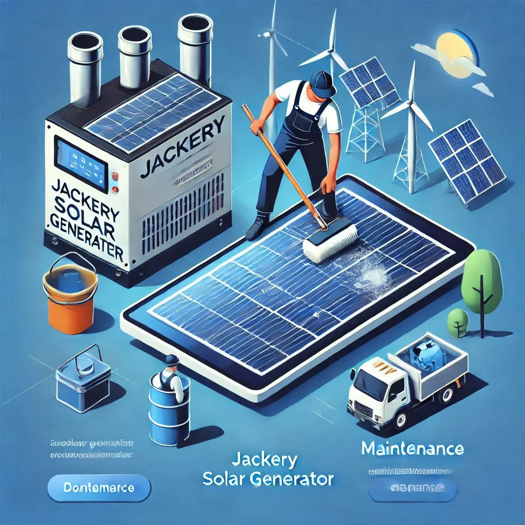 Generate an image showing a person cleaning a solar panel, with a Jackery Solar Generator in the background and maintenance tips listed alongside.